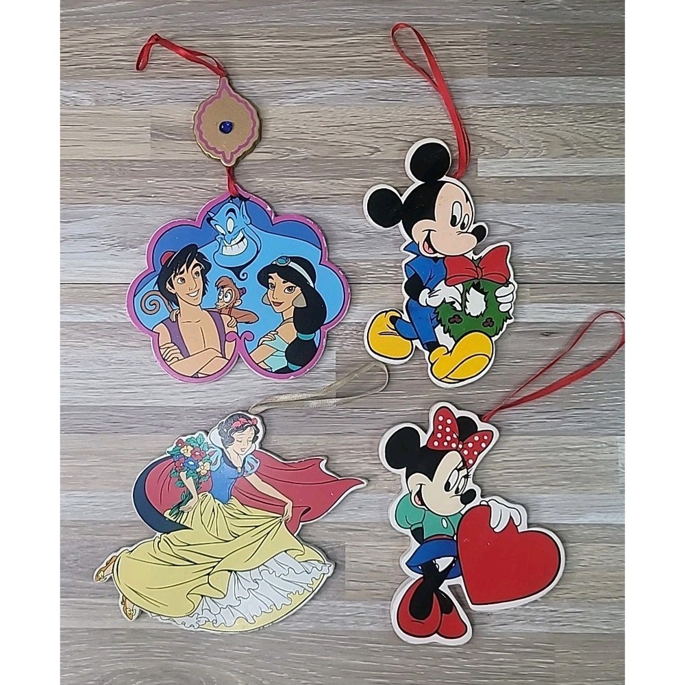 4 Vintage Disney Kurt Adler Wood Ornament Mickey Minnie Mouse Aladdin Snow White